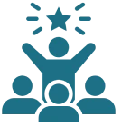 Leader raising arms under star symbol